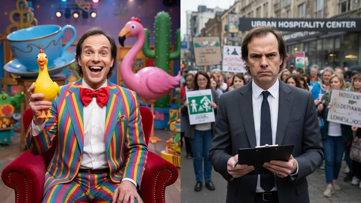 Sébastien Thiéry est montré à gauche dans un costume rayé vif avec un poulet jaune et à droite en costume gris tenant un bloc-notes