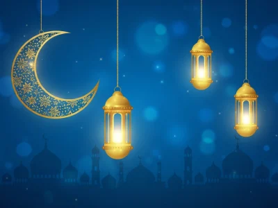 Croissant de lune orné et lanternes dorées suspendues sur fond de mosquées pour ramadan 2027