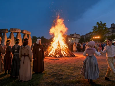 Danseurs en costumes traditionnels autour du feu de la Saint-Jean lors d'une fête nocturne
