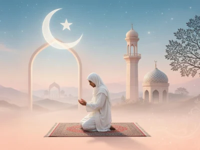 Une personne en prière sur un tapis devant une mosquée sous un croissant de lune symbolisant l'interprétation des rêves en Islam