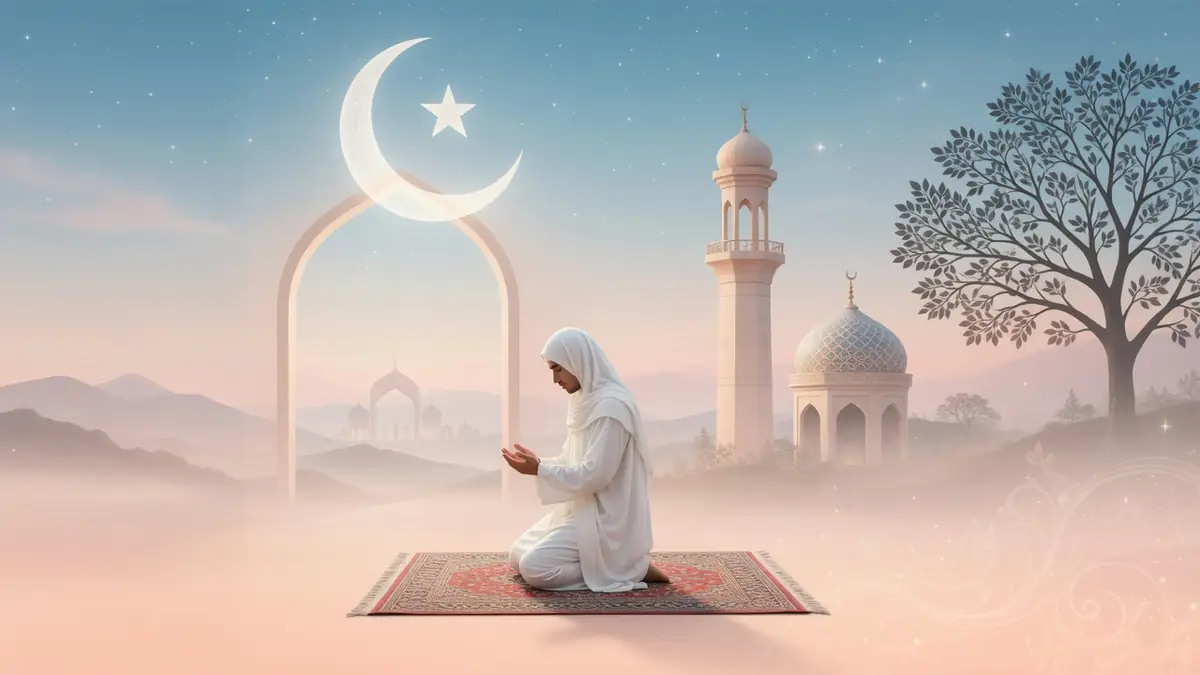 Une personne en prière sur un tapis devant une mosquée sous un croissant de lune symbolisant l'interprétation des rêves en Islam