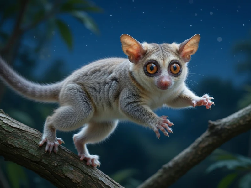Un galagos bondissant entre les branches d'arbres sous le ciel nocturne