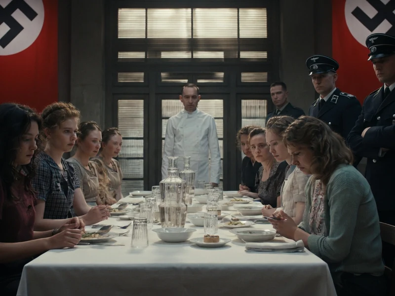 Une scène de repas tendue illustrant le film les Goûteuses d'Hitler sous la surveillance de soldats allemands