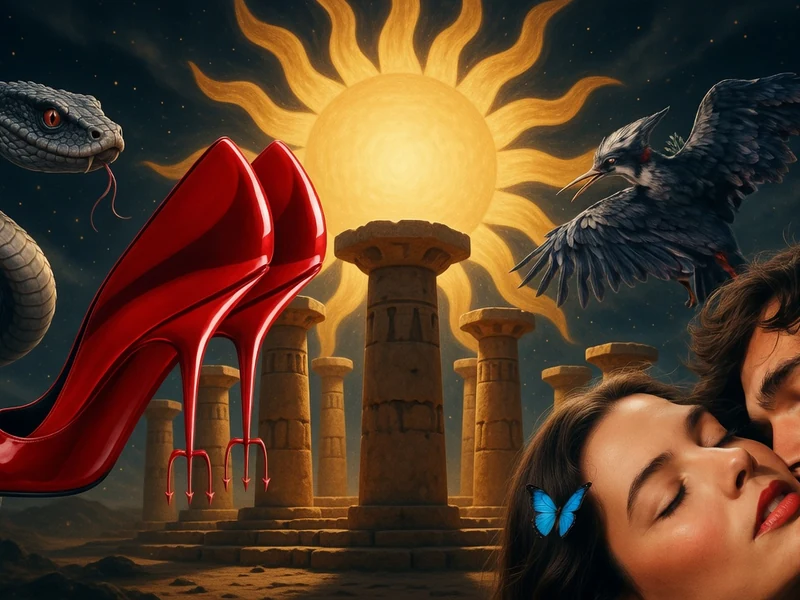 Image surréaliste d'un soulier rouge, serpent, oiseau et couple enlacé symbolise la sortie cinéma novembre 2026
