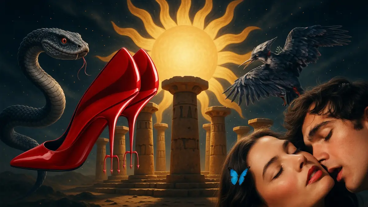 Image surréaliste d'un soulier rouge, serpent, oiseau et couple enlacé symbolise la sortie cinéma novembre 2026