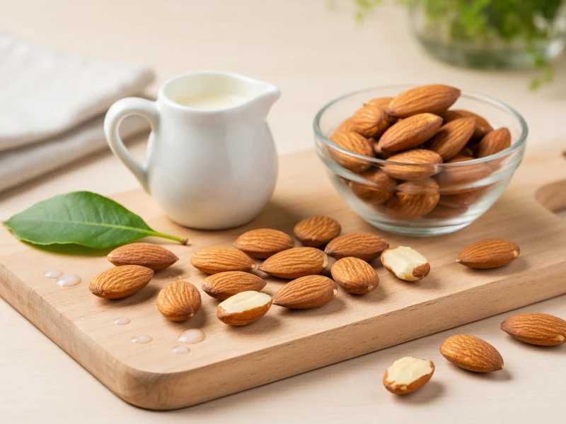 Des amandes sur une planche en bois avec bol et pichet illustrent le bienfait amande