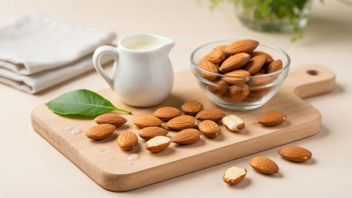 Des amandes sur une planche en bois avec bol et pichet illustrent le bienfait amande
