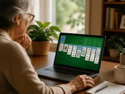 Une femme âgée joue tranquillement sur son ordinateur portable à des jeux en ligne Solitaire chez elle