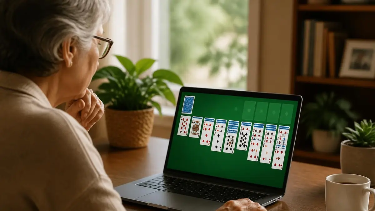 Une femme âgée joue tranquillement sur son ordinateur portable à des jeux en ligne Solitaire chez elle