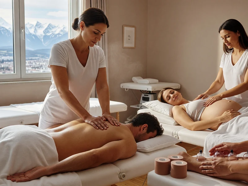Une masseuse Grenoble masse un homme et une femme dans une salle avec vue sur les montagnes
