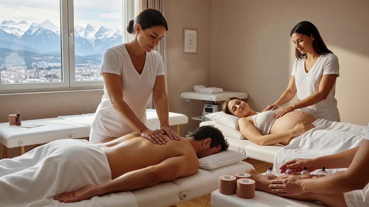 Une masseuse Grenoble masse un homme et une femme dans une salle avec vue sur les montagnes