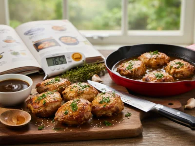 Plats alléchants de recettes hauts de cuisse de poulet servis dans une poêle et sur une planche