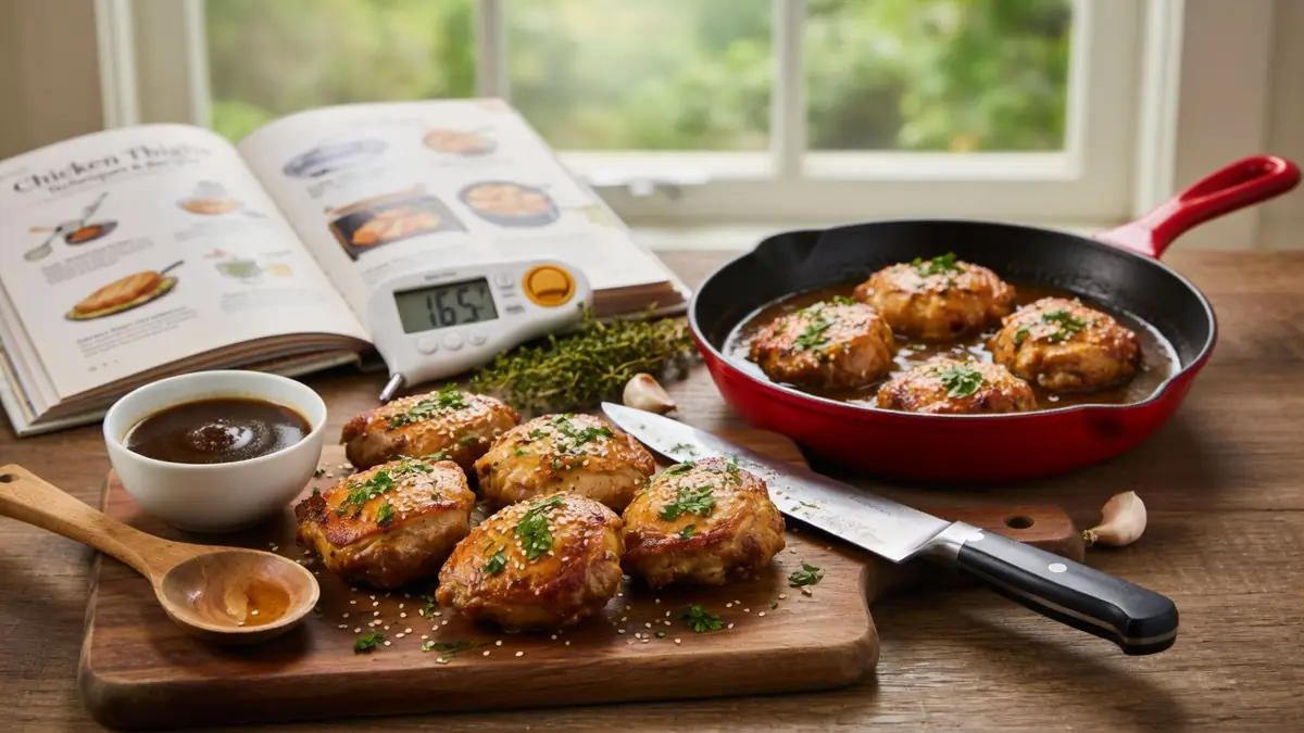 Plats alléchants de recettes hauts de cuisse de poulet servis dans une poêle et sur une planche