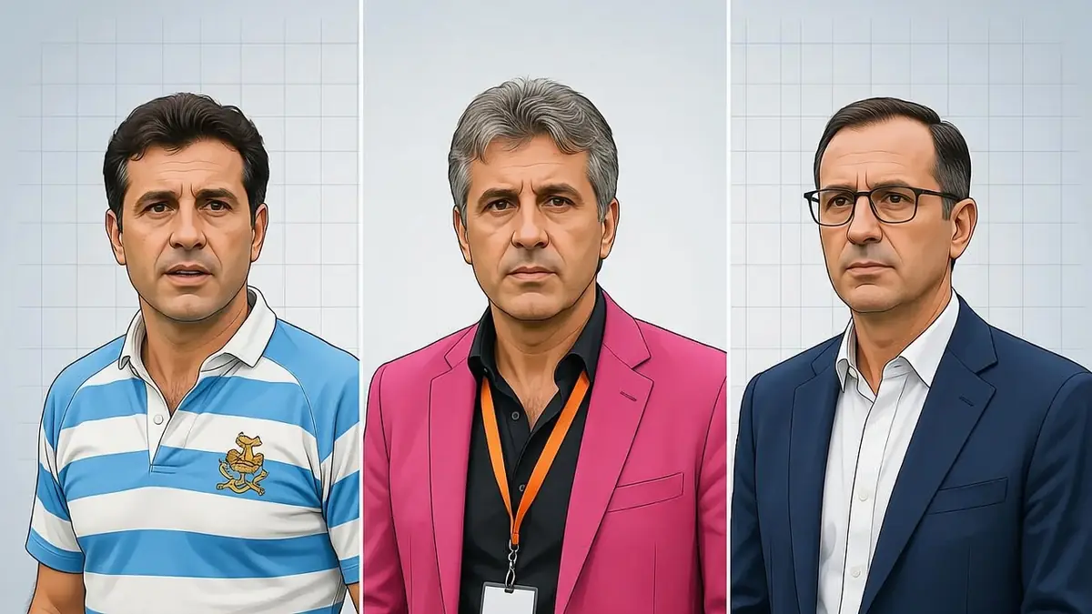 Cette image présente Éric Blanc sous trois apparences différentes
