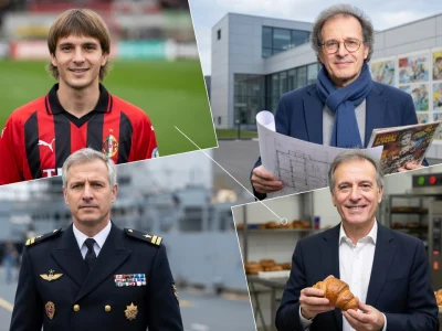 Ce collage réunit quatre portraits d'hommes nommés Philippe Morin dans leurs milieux professionnels