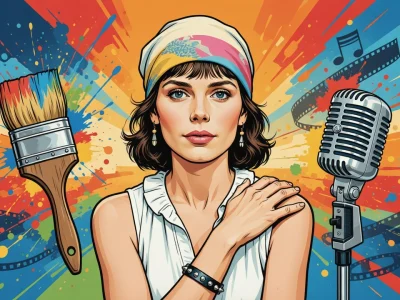 Illustration colorée d'Ariane Lartéguy entourée d'un pinceau, d'un micro et de films