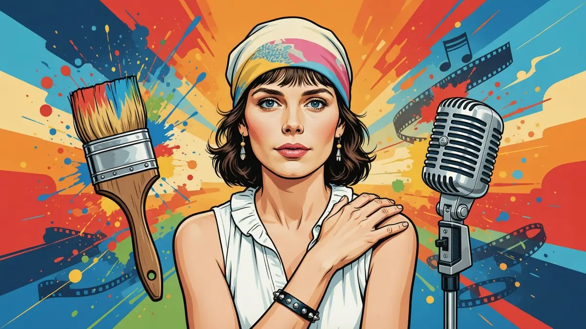 Illustration colorée d'Ariane Lartéguy entourée d'un pinceau, d'un micro et de films