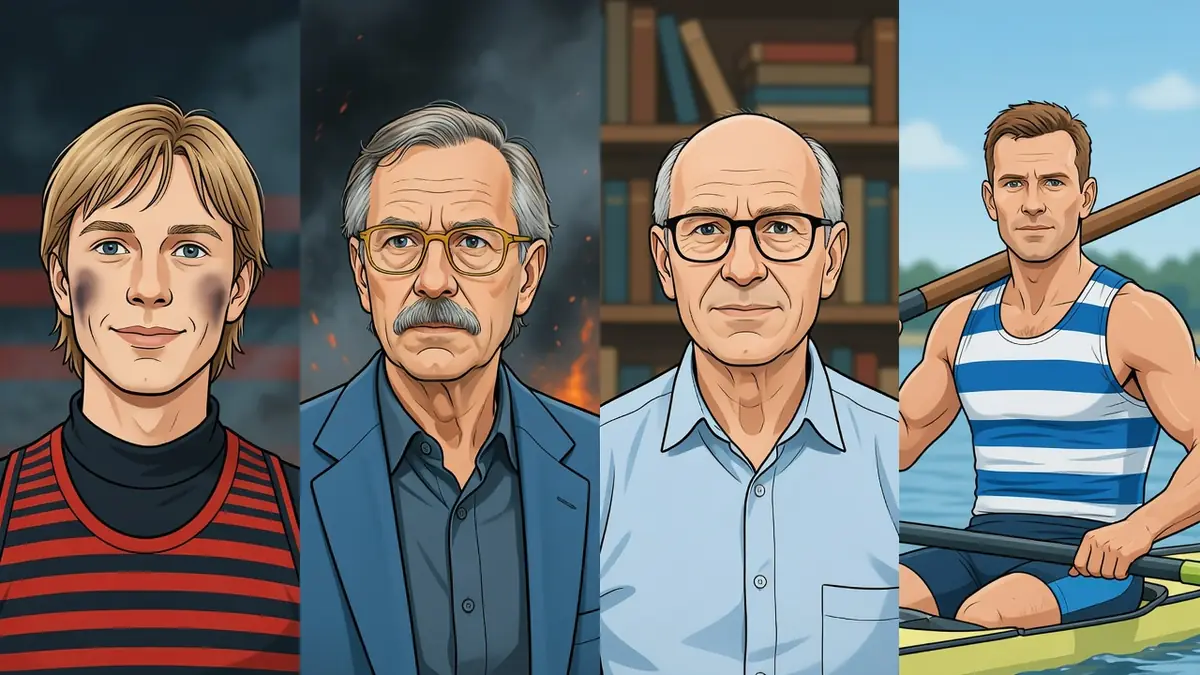 Quatre portraits stylisés illustrant les vies variées de Jean-Marie Lemaire