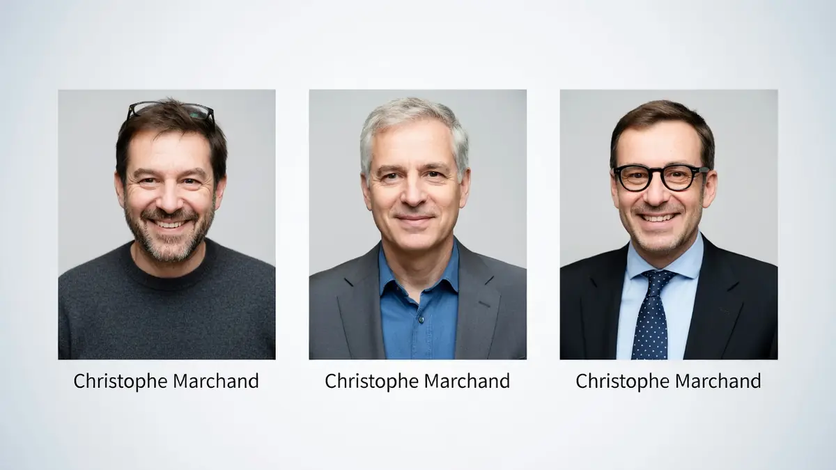 L'image montre trois portraits de Christophe Marchand