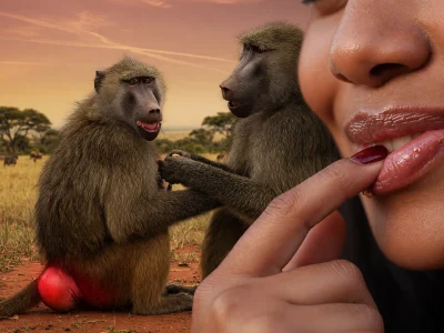 Une babouine dans la savane africaine à côté d'une bouche féminine touchée du doigt