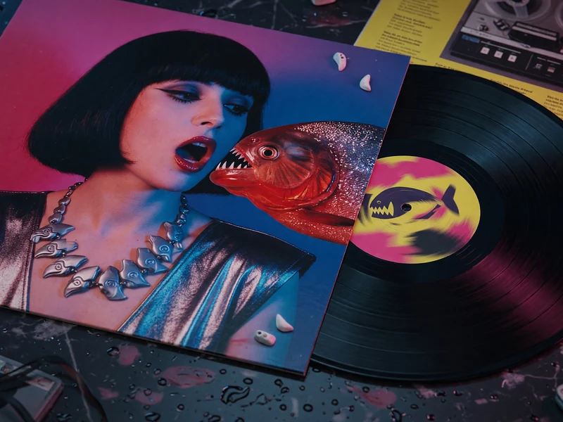 Une pochette de disque illustre piranana avec une femme et un poisson carnivore dans la bouche à côté d'un vinyle