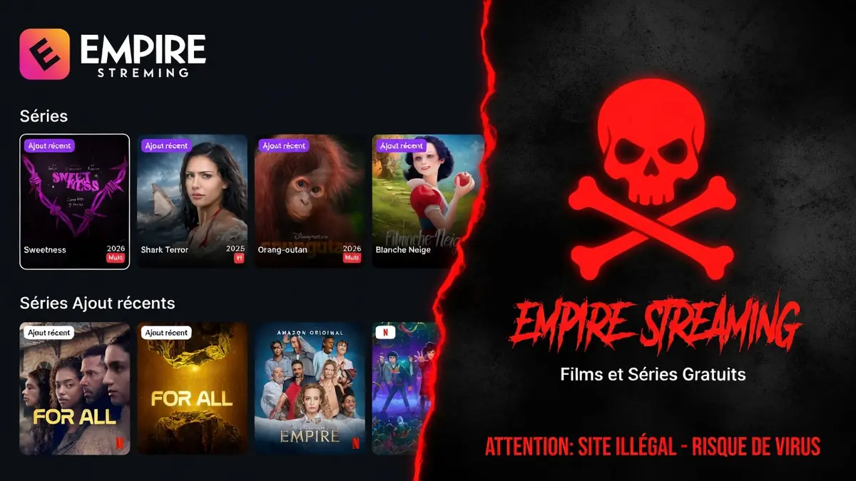 L'interface d'Empire streaming présente des séries d'un côté et un crâne rouge de l'autre
