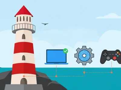 Un phare rouge et blanc relie ient à un ordinateur un engrenage et une manette