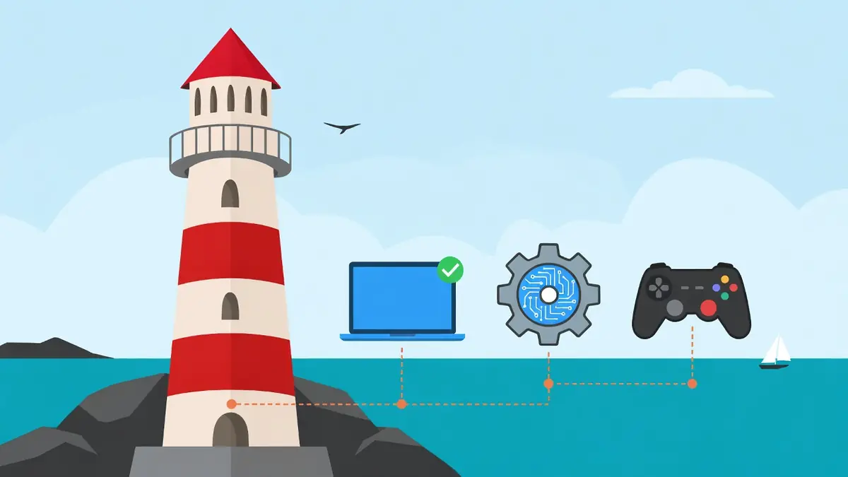 Un phare rouge et blanc relie ient à un ordinateur un engrenage et une manette