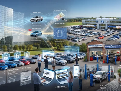 L'image montre la Centrale Automobile au travers d'un grand campus avec parkings, réparations et outils digitaux