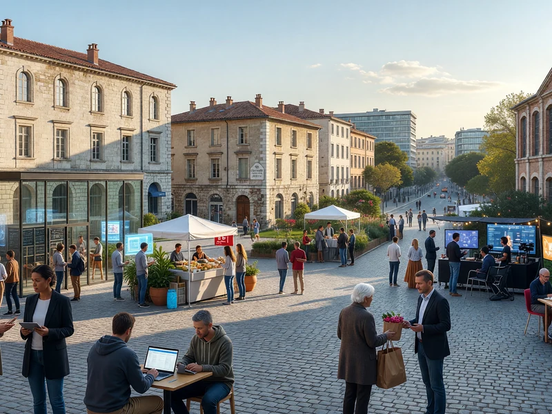 Une place historique s'anime avec la convergence Montpellier où des groupes discutent et travaillent sur ordinateurs
