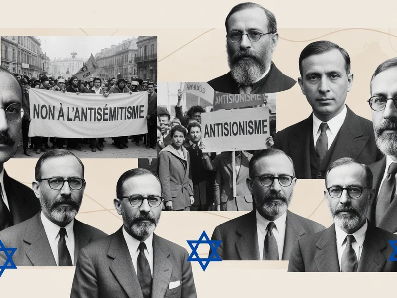 Le montage illustre la définition antisionisme avec des portraits historiques et une scène de protestation