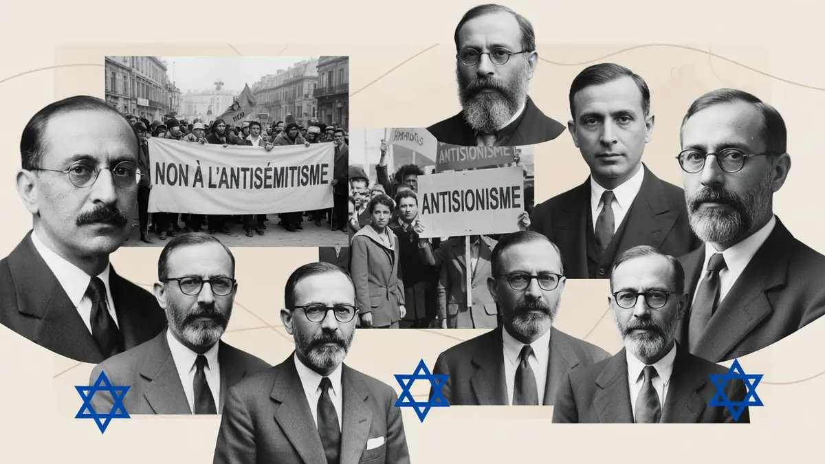 Le montage illustre la définition antisionisme avec des portraits historiques et une scène de protestation