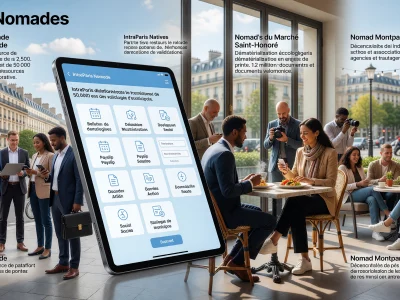 Un collage représente Paris Nomades via une tablette centrale entourée de scènes de travail collaboratif et de vie nomade urbaine