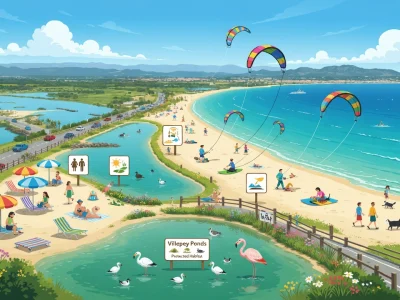 Une vue dynamique de la plage de Saint-Aygulf avis avec des cerfs-volants et des baigneurs