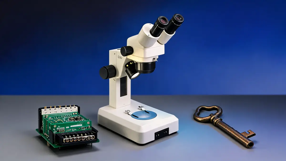 Le czm4 est représenté par un microscope, une carte électronique et une clé ancienne