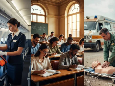 L'image présente une hôtesse, des étudiants et un secouriste illustrant Cca