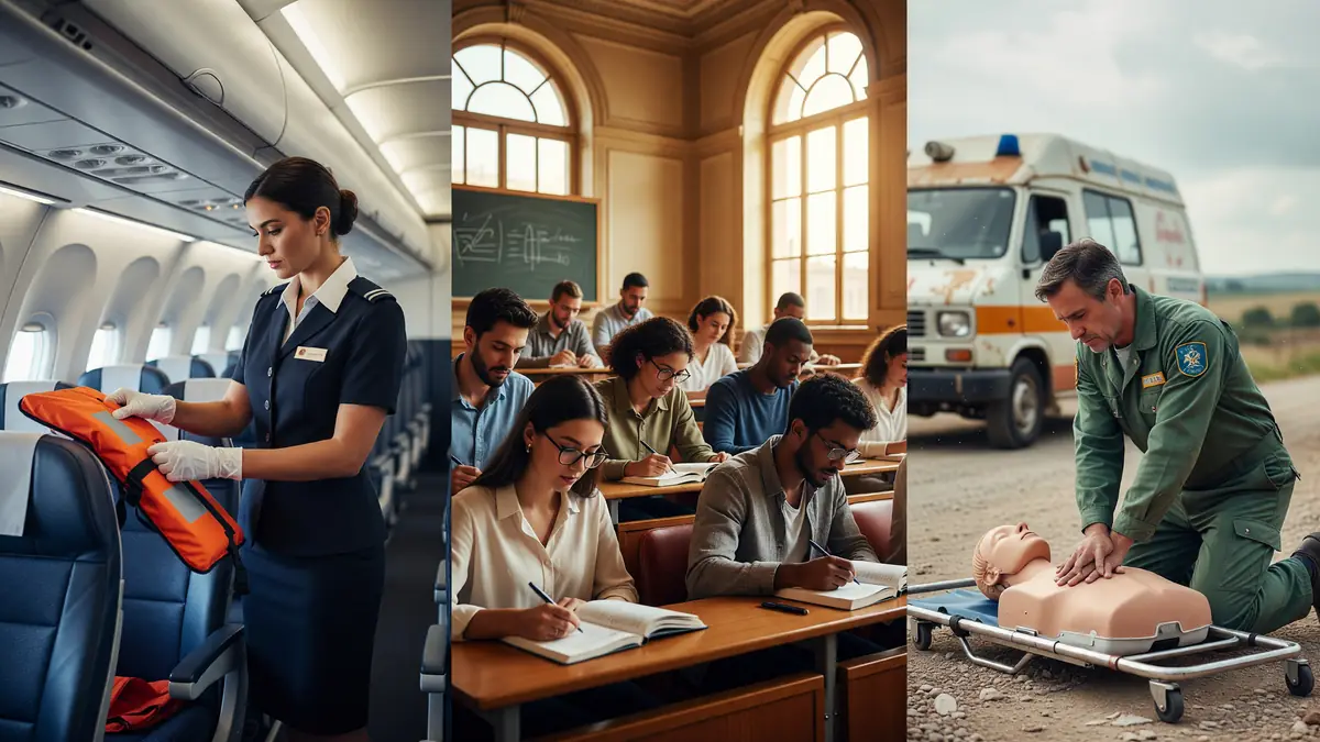 L'image présente une hôtesse, des étudiants et un secouriste illustrant Cca