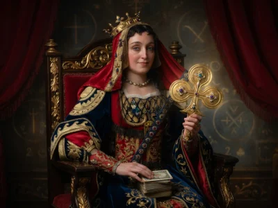 Illustration présentant la dame de Trèfle sur un trône royal avec sceptre doré