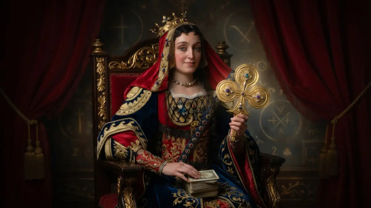 Illustration présentant la dame de Trèfle sur un trône royal avec sceptre doré