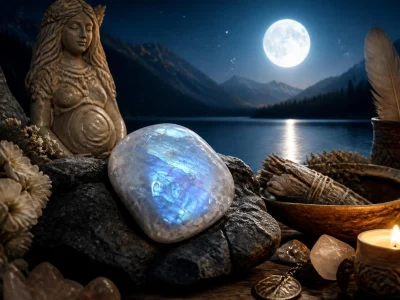 Une pierre de lune lumineuse posée près d'une statue de déesse illustre chaque vertu Pierre de Lune dans un décor nocturne