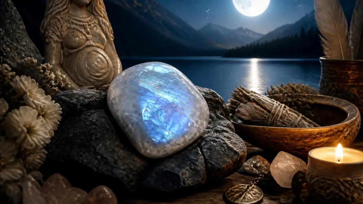 Une pierre de lune lumineuse posée près d'une statue de déesse illustre chaque vertu Pierre de Lune dans un décor nocturne
