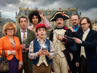 Le casting principal pose devant un château historique dans une scène du film les Profs 3