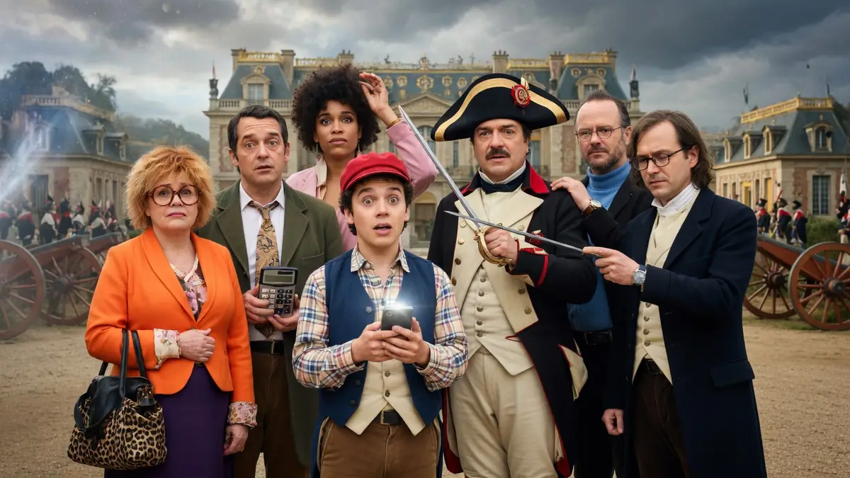 Le casting principal pose devant un château historique dans une scène du film les Profs 3