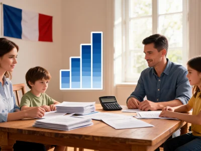 Une famille examine des documents autour d'une table pour calculer un impôt sur le revenu