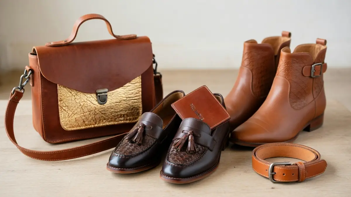 Des sacs Paul Marius femme accompagnés de chaussures et bottines en cuir marron sur une surface bois
