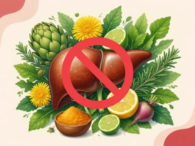 Illustration d'une détox foie avec un foie barré entouré de plantes et agrumes