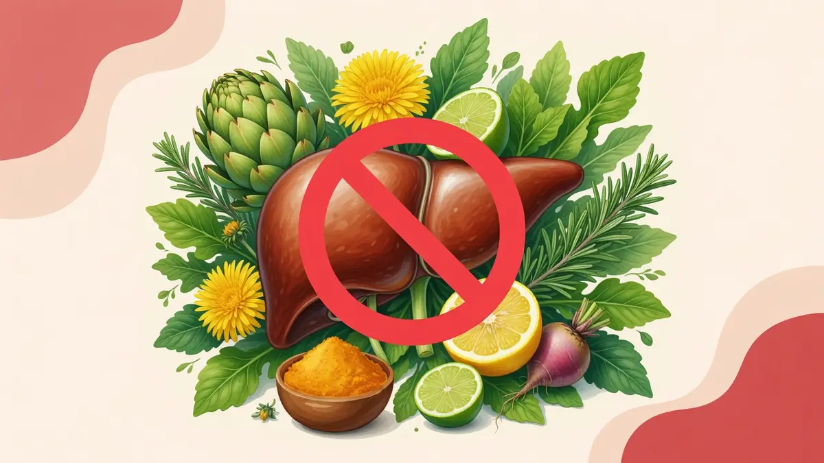 Illustration d'une détox foie avec un foie barré entouré de plantes et agrumes