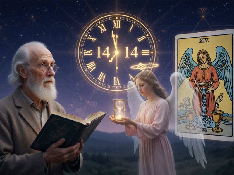 Un vieil homme et un ange illustrent la 14h14 signification avec une horloge et une carte de tarot dans un ciel étoilé