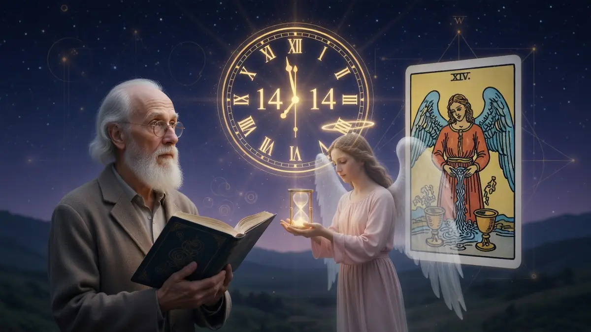 Un vieil homme et un ange illustrent la 14h14 signification avec une horloge et une carte de tarot dans un ciel étoilé