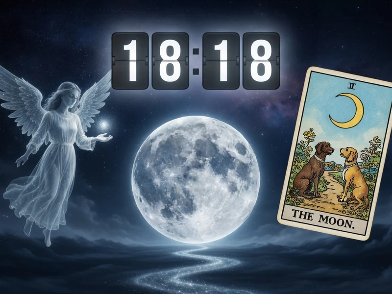 Ciel nocturne peuplé d’un ange, d’une pleine lune et d’une carte de tarot à 18h18
